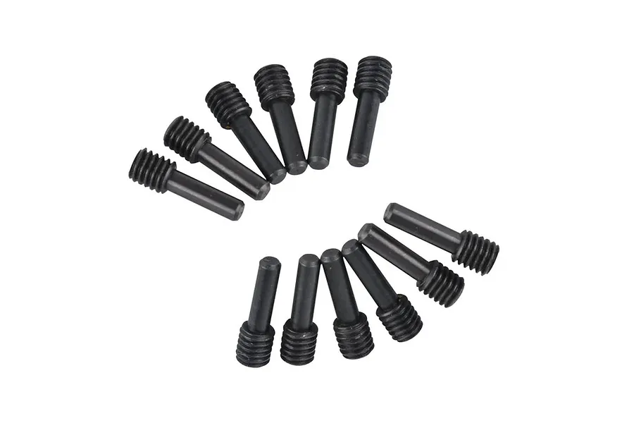A set of twelve black metal grub screws arranged in a semi-circular pattern against a white background.