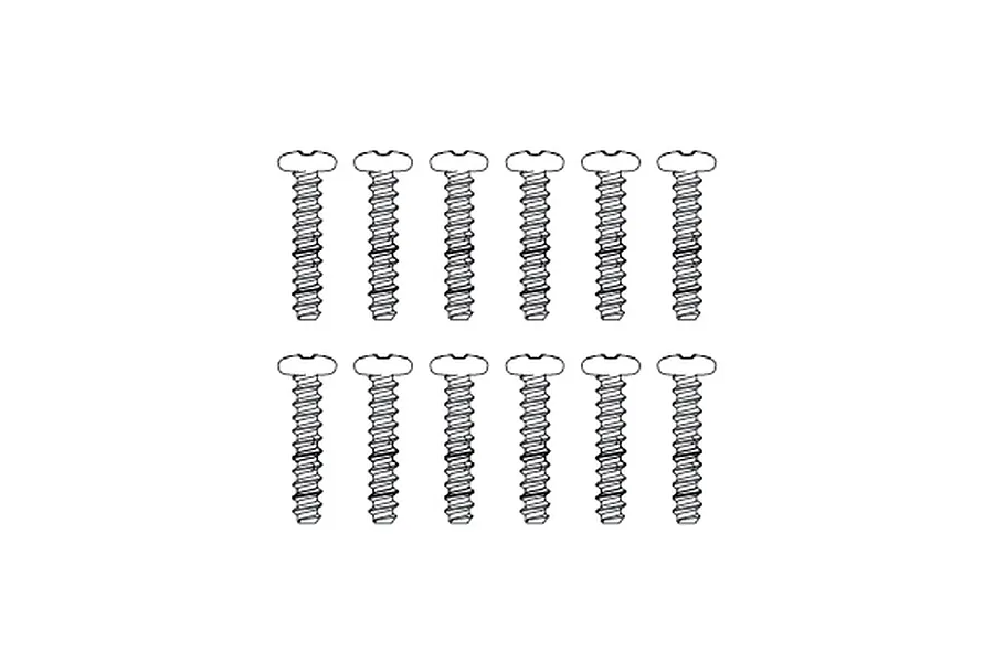 A top-down view of twelve identical silver-colored button head screws arranged in two rows of six on a white background.