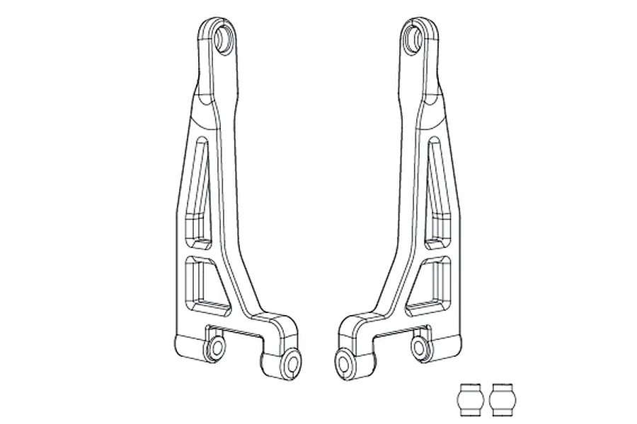 A line drawing of two RC car rear upper suspension arms and two small ball joints on a white background.