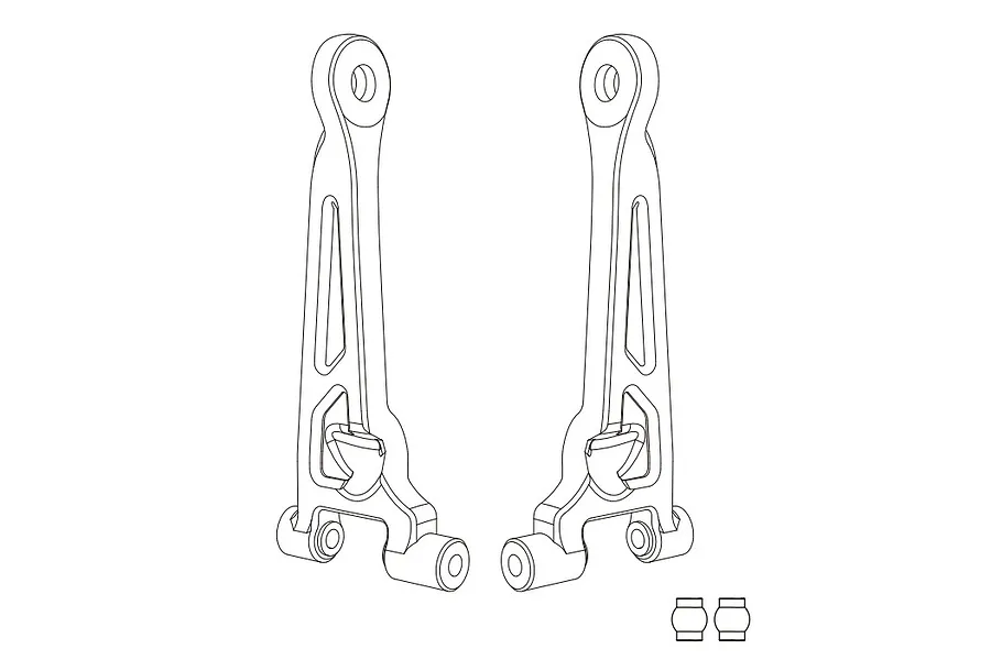A line drawing illustration of two RC rear upper suspension arms and two small pivot balls on a white background.
