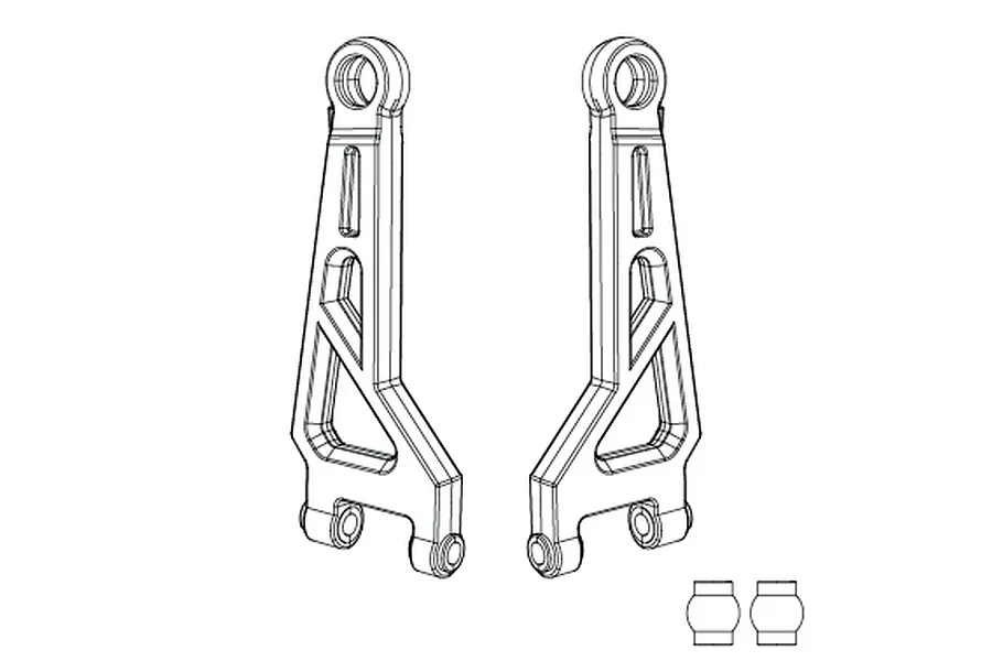 A technical line drawing showing two RC front upper suspension arms and two small cylindrical bushings on a white background.