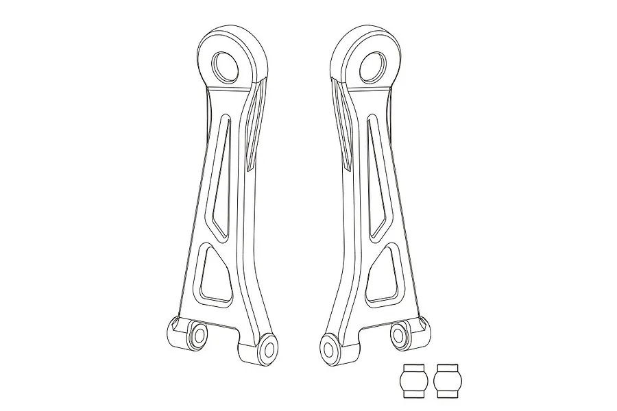 A line art diagram showing two front upper suspension arms and two small pivot ball bushings for an MJX RC vehicle.