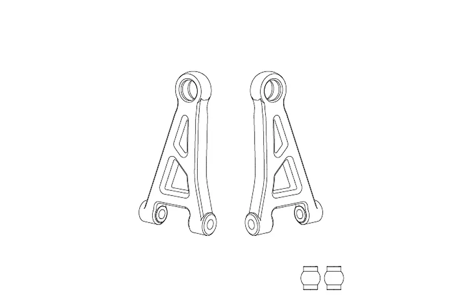 A line drawing illustration of two MJX RC front upper suspension arms and two small bushings.