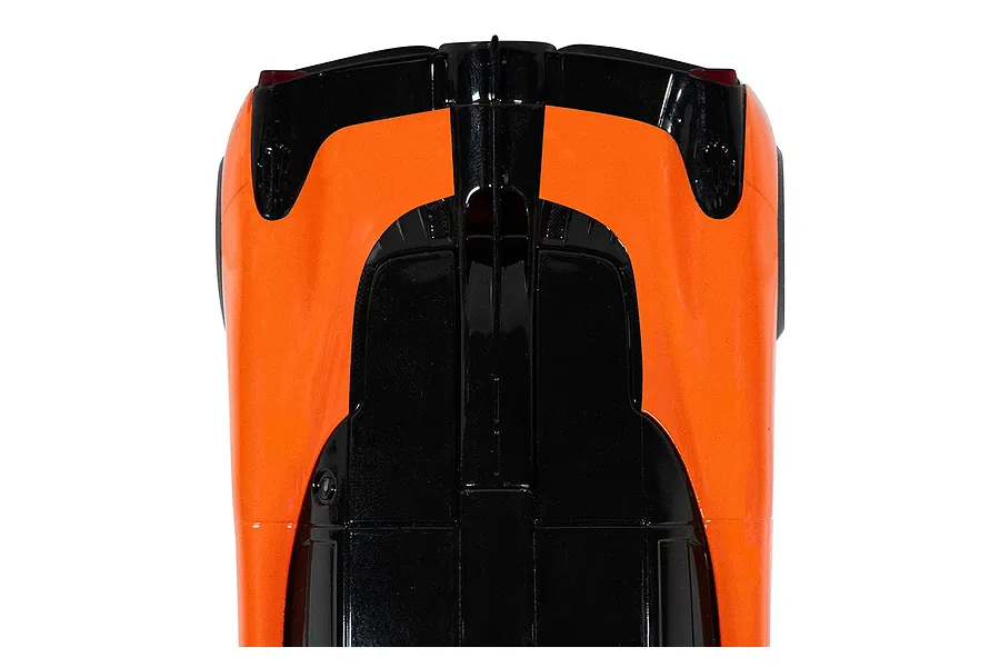 Top-down view of a Scalextric 1/32 scale GMA T.50 slot car featuring a glossy orange and black livery.
