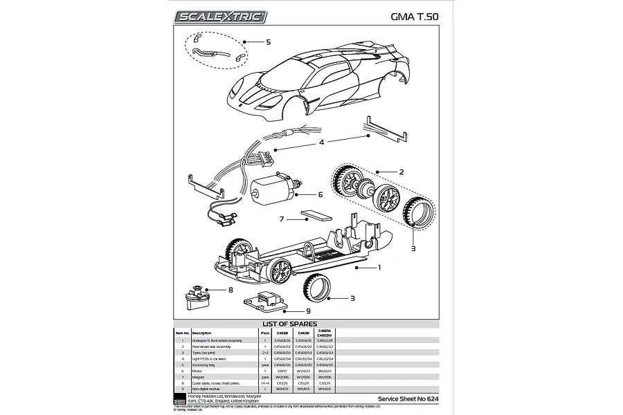 Exploded view diagram of a Scalextric GMA T.50 slot car showing all individual parts and a spare parts list table.