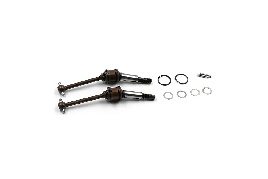Two Yeah Racing steel double joint CVD driveshafts with included clips, pins, and washers on a white background.