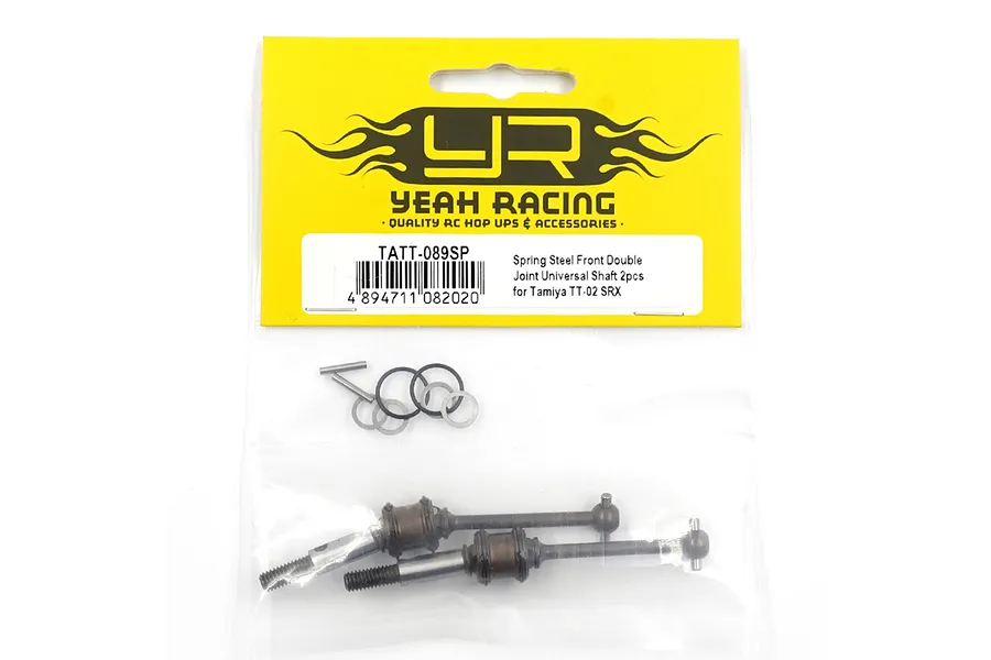 Yeah Racing TATT-089SP Spring Steel Front Double Joint Universal Shafts for Tamiya TT-02 SRX in original yellow and clear plastic packaging.