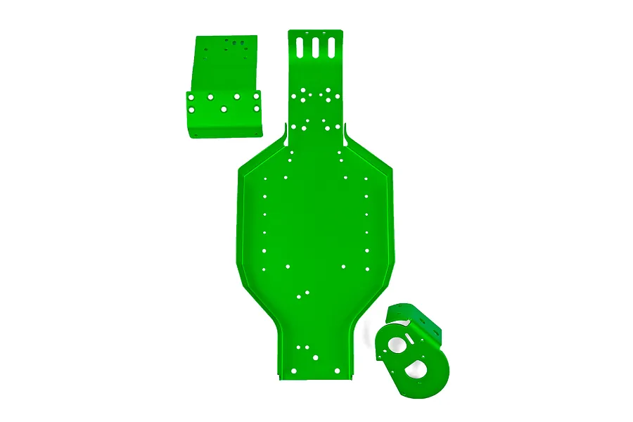 A fluorescent green aluminium RC chassis set including a main chassis plate and two smaller mounting brackets on a white background.