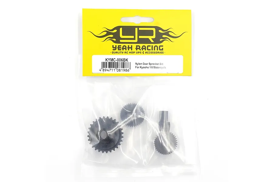 Yeah Racing nylon gear set for Kyosho 1/8 motorcycle in original yellow and white retail packaging.
