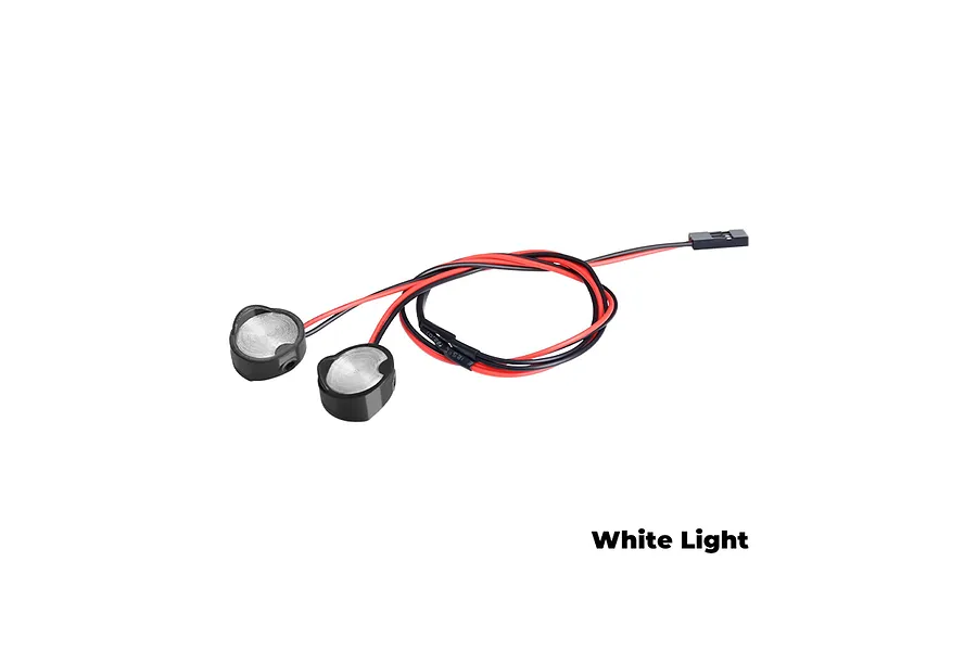 GPM Racing bumper LED lights with two circular light housings, red and black wiring, and a standard RC receiver connector.