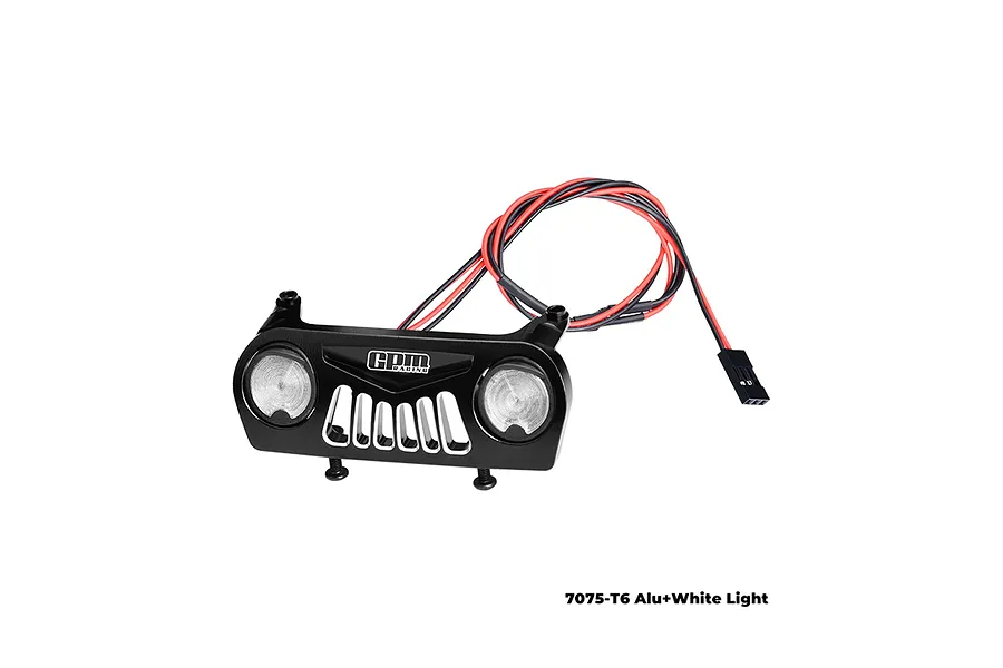 A black GPM Racing aluminium front bumper for RC cars featuring integrated LED lights and a Jeep-style grille design.