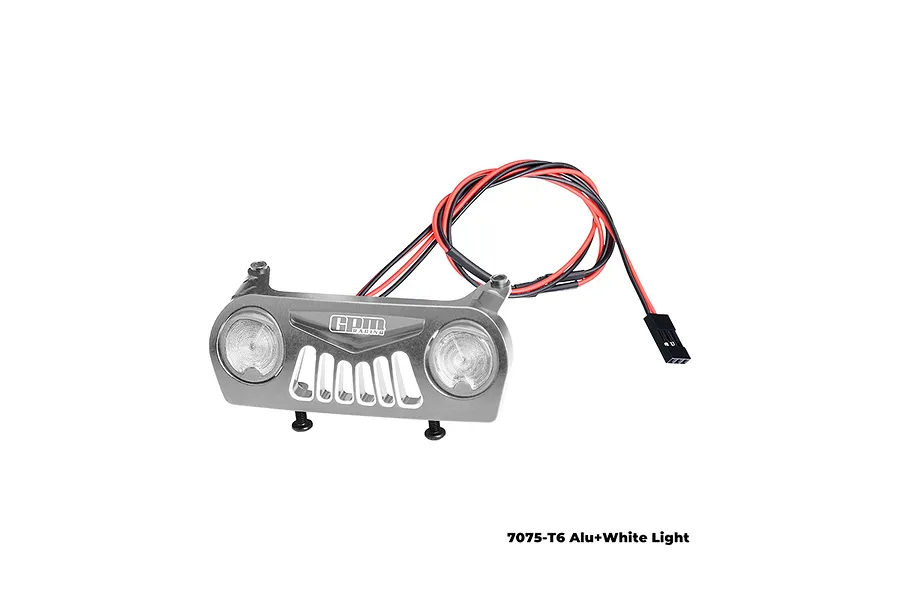 Silver GPM Racing aluminium front bumper for RC cars with integrated LED lights and wiring harness.