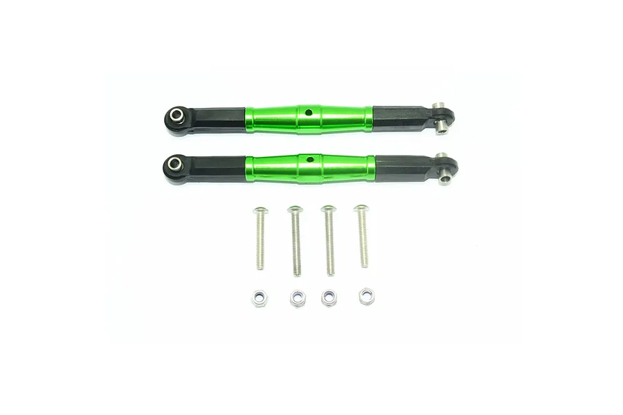Two green aluminium RC turnbuckles with black plastic ends, accompanied by four metal screws and four metal nuts on a white background.