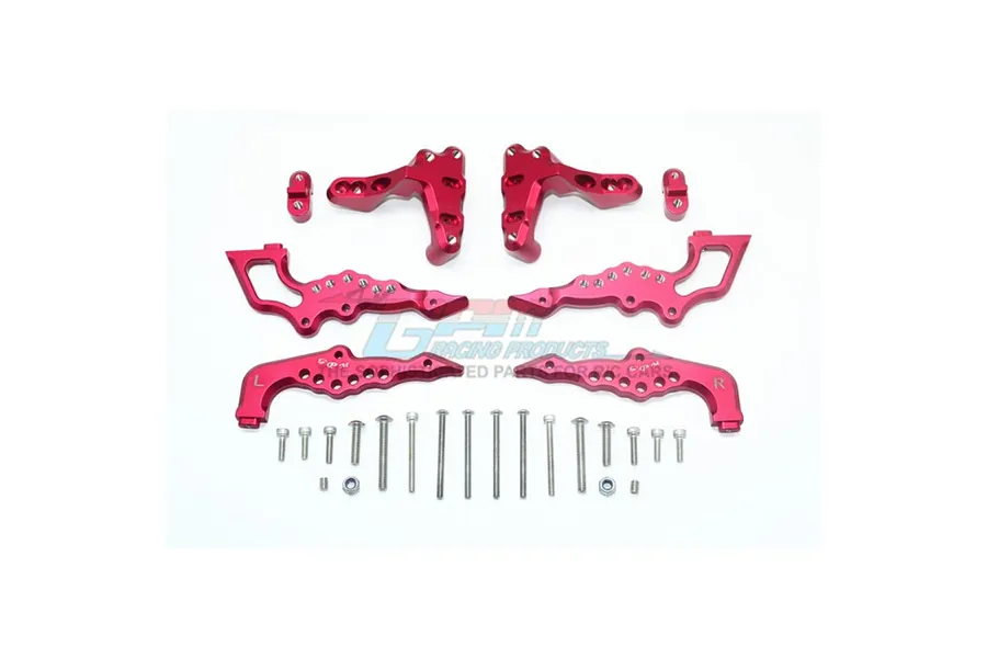 A set of red anodized aluminium RC car rear shock mount components and hardware from GPM Racing, laid out on a white background.