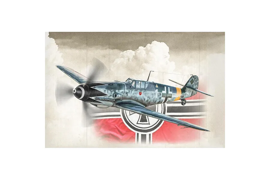 Box art illustration of a Messerschmitt Bf 109 G-6 fighter plane in flight against a cloudy sky and a German military emblem.