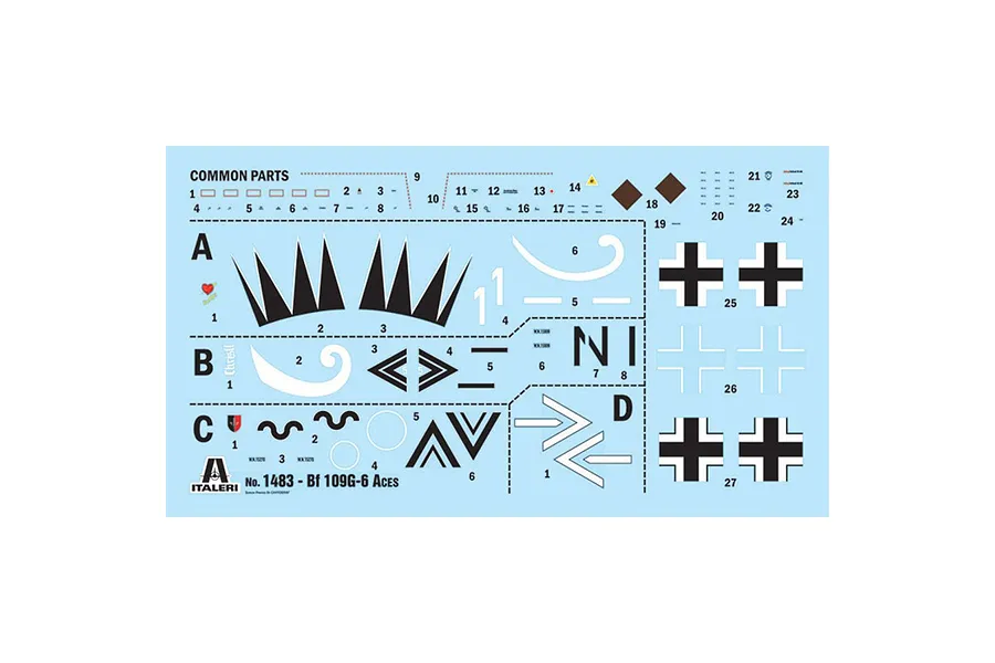A decal sheet for an Italeri 1/72 scale Bf 109 G-6 Aces model kit, featuring various markings, crosses, and numbers on a light blue backing paper.