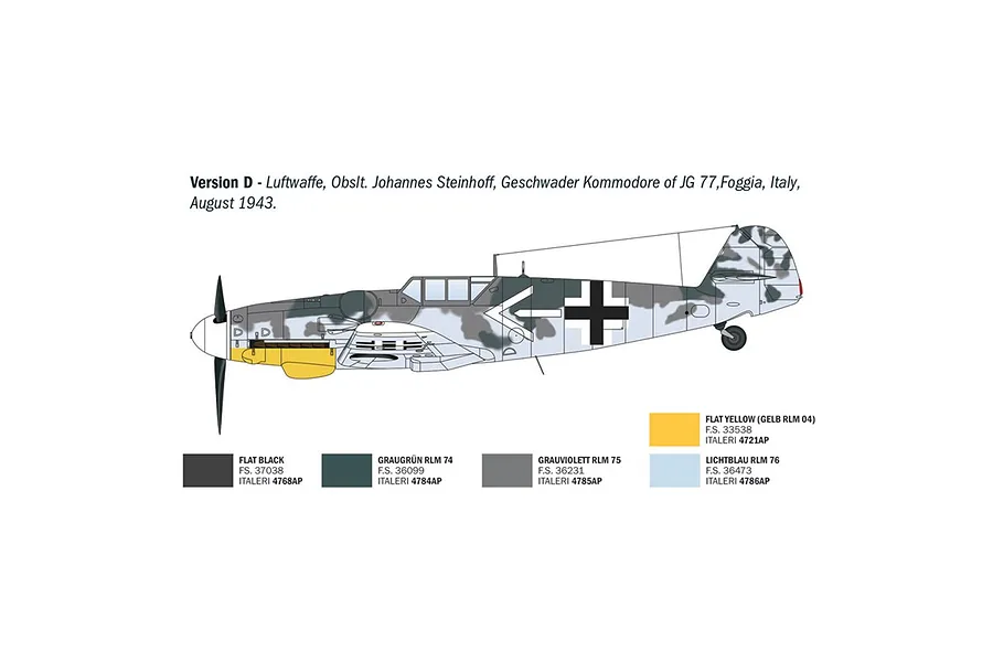 A digital painting of a Messerschmitt Bf 109 G-6 fighter plane in profile, showing camouflage patterns and paint color references for a model kit.