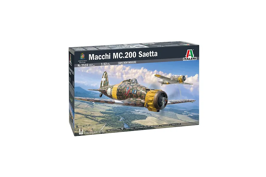 Italeri 1/32 scale Macchi MC.200 Saetta fighter model kit box showing artwork of the aircraft in flight over a landscape.