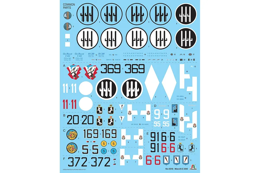 A sheet of waterslide decals for the Italeri 1/32 Macchi MC.200 Saetta model kit, featuring various national insignias, squadron markings, and numbers.