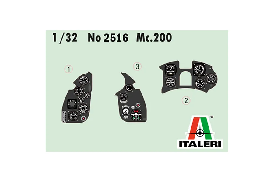 A diagram showing the instrument panel decal placement for the Italeri 1/32 Macchi MC.200 Saetta model kit.