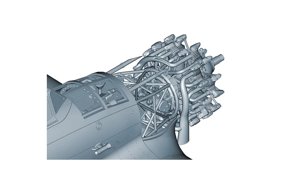 A detailed 3D render of a radial aircraft engine and cockpit section for a model kit.