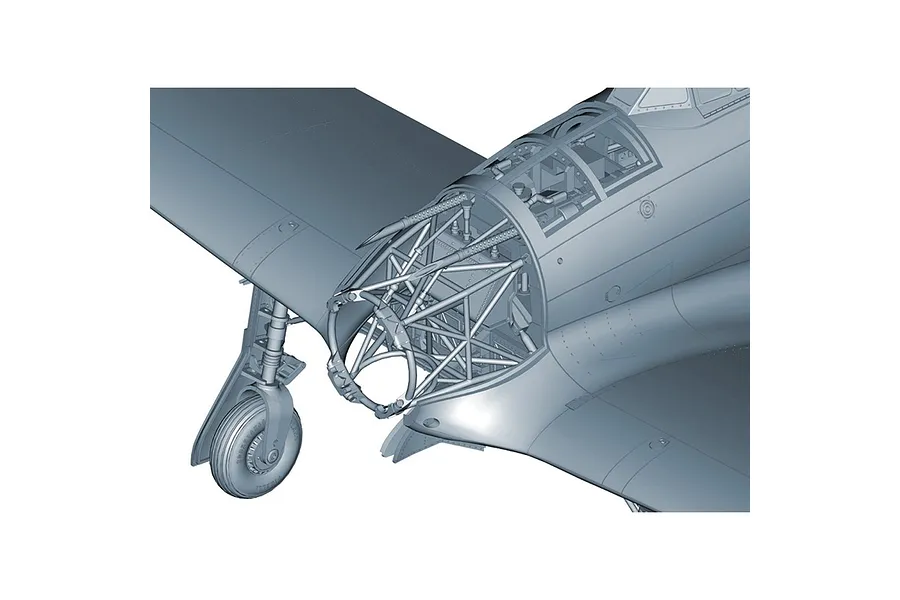 A 3D digital render of a Macchi MC.200 Saetta model aircraft showing the exposed engine frame, cockpit area, and landing gear.