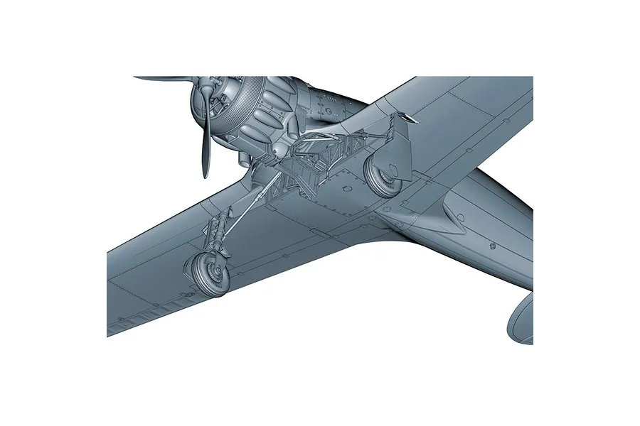 A 3D digital render showing the underside of a Macchi MC.200 Saetta fighter aircraft model, highlighting the landing gear and engine detail.
