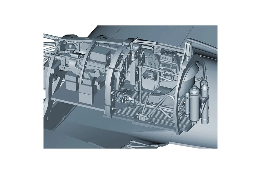 A 3D digital render of a detailed aircraft cockpit interior, showing the pilot seat, control stick, and instrument panel for a model kit.