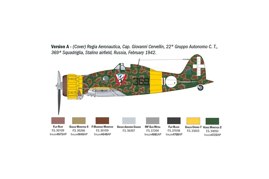 A digital profile view illustration of a Macchi MC.200 Saetta fighter plane with camouflage paint and a paint color guide below it.