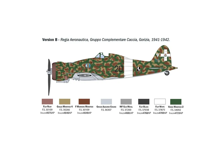 A digital illustration showing the side profile of a Macchi MC.200 Saetta fighter plane with camouflage paint and a paint color reference guide below it.