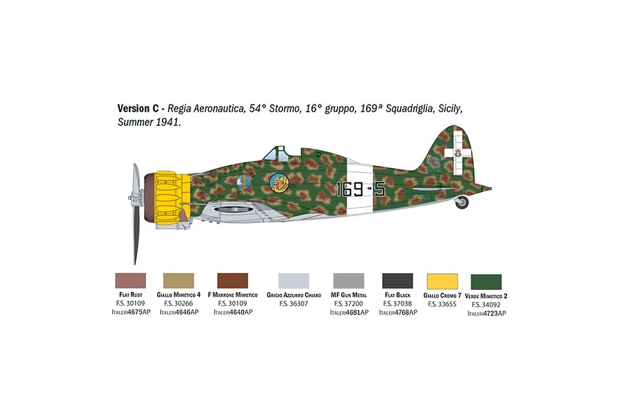 A digital illustration of a Macchi MC.200 Saetta fighter plane in camouflage livery, with a color paint guide below for the Italeri model kit.