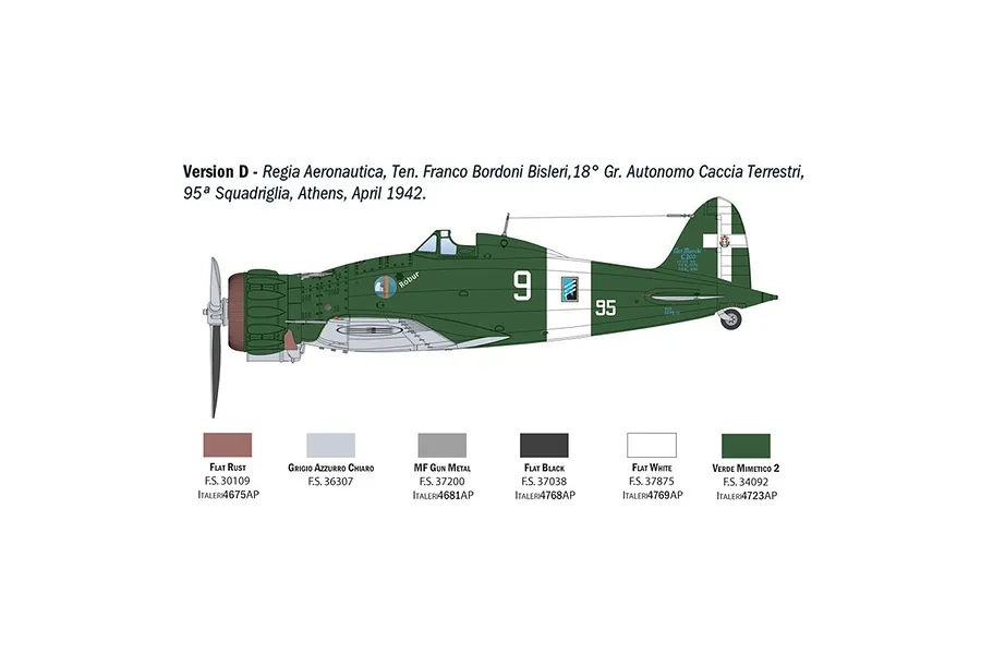 A digital profile view illustration of a Macchi MC.200 Saetta fighter plane in green and white livery, with a paint color guide below.
