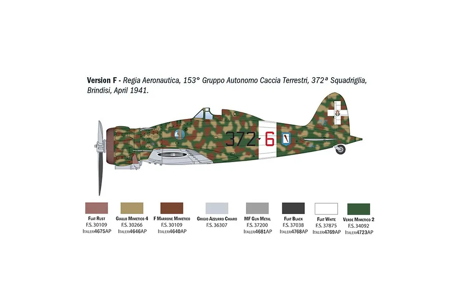 A digital profile view of a Macchi MC.200 Saetta fighter aircraft in camouflage livery, with a paint reference chart below.