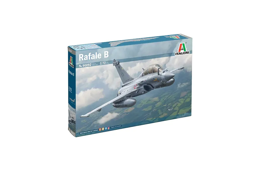 Italeri 1/72 scale plastic model kit box for the Rafale B jet, featuring an illustration of the aircraft in flight over a landscape.