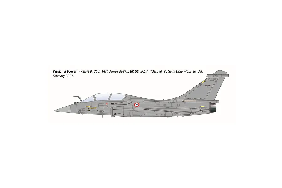 A side-profile digital illustration of a grey Rafale B fighter jet with French Air Force markings, labeled as Version A.