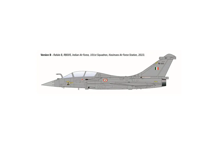 A digital side-profile illustration of a Dassault Rafale B jet in Indian Air Force livery, labeled as Version B.