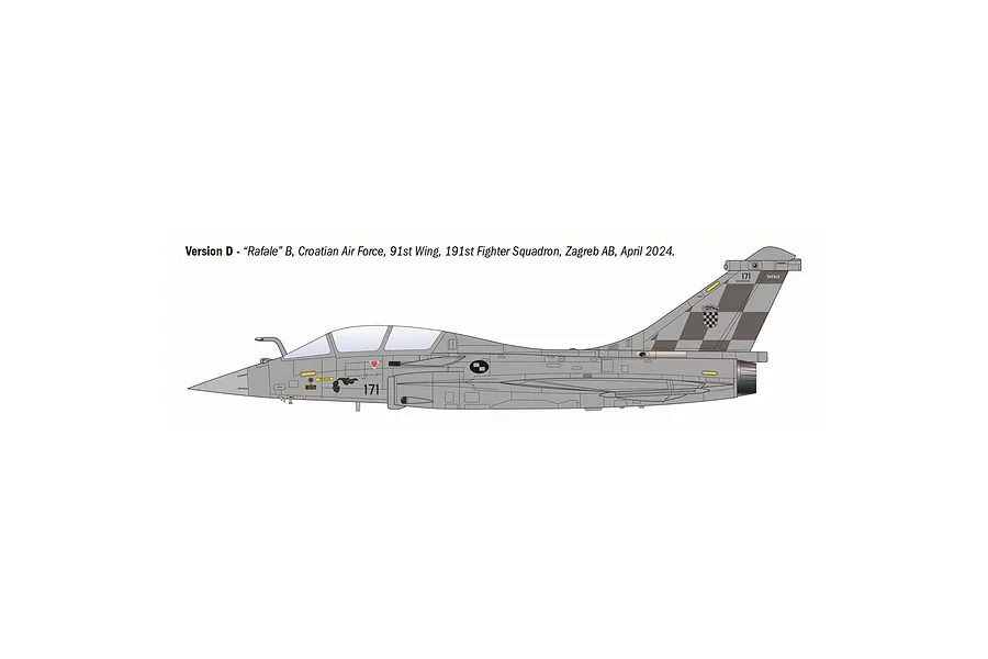A side-profile digital illustration of a Rafale B fighter jet in Croatian Air Force livery, featuring a checkered tail pattern.