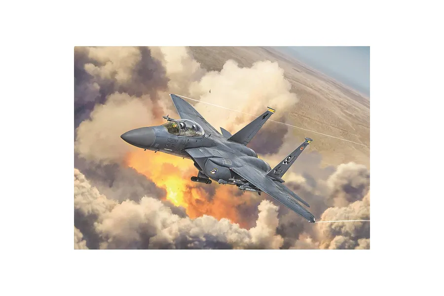An artistic illustration of an F-15E Strike Eagle jet fighter flying through clouds above a desert landscape.