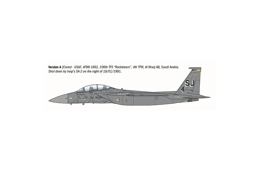 A side-profile illustration of an F-15E Strike Eagle jet fighter in grey livery with USAF markings, labeled as Version A.