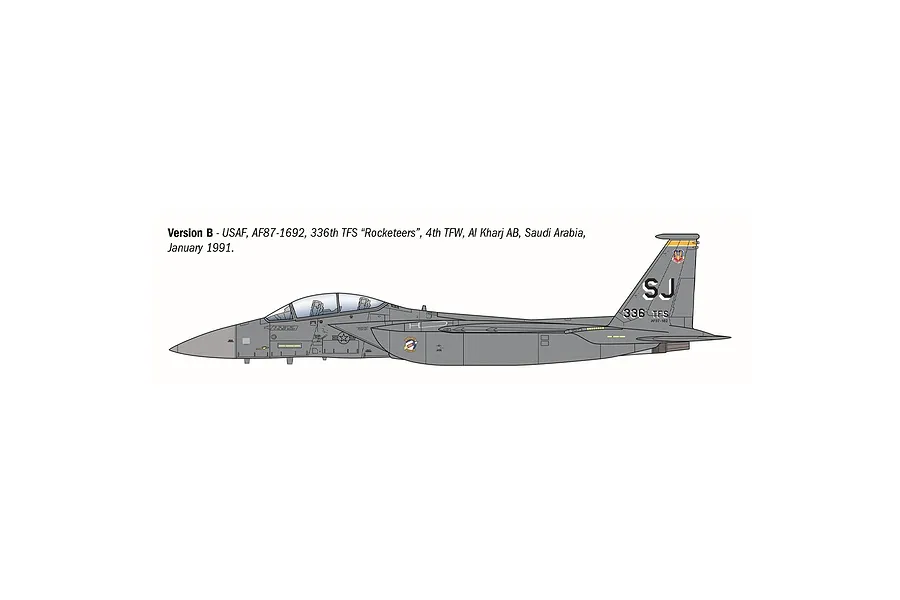 A side-profile digital illustration of an F-15E Strike Eagle jet fighter in grey livery with 336th TFS markings.