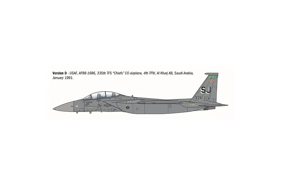 A side-profile digital illustration of an F-15E Strike Eagle jet fighter in grey camouflage, showing markings for the 335th TFS Chiefs.