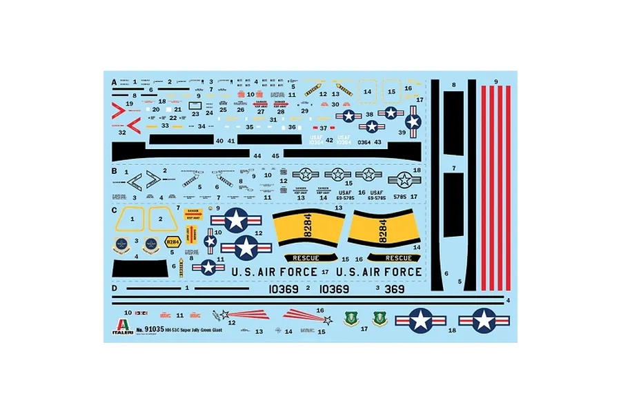 A decal sheet for the Italeri 1/72 HH-53C Jolly Green Giant model kit, featuring various USAF markings, warning labels, and stripes on a light blue backing.