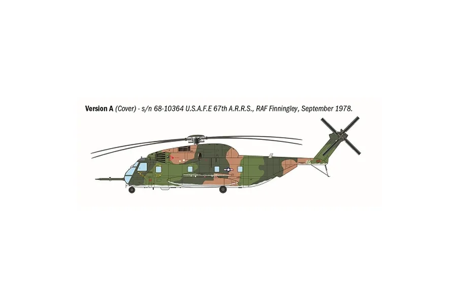 A side-profile digital illustration of a camouflaged HH-53C Jolly Green Giant helicopter, showing the markings for Version A.