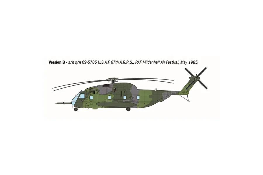 A side-profile digital illustration of a US Air Force HH-53C helicopter in camouflage livery, labeled as Version B for the Italeri model kit.