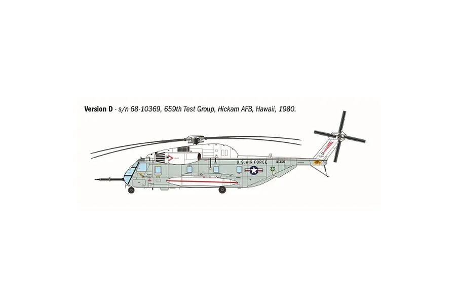 Side profile illustration of a US Air Force HH-53C helicopter in light grey livery, labeled as Version D for the 659th Test Group.