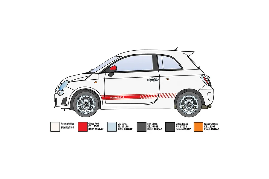 A side-profile digital illustration of a white Fiat 500 Abarth with red racing stripes, accompanied by a paint color reference guide at the bottom.