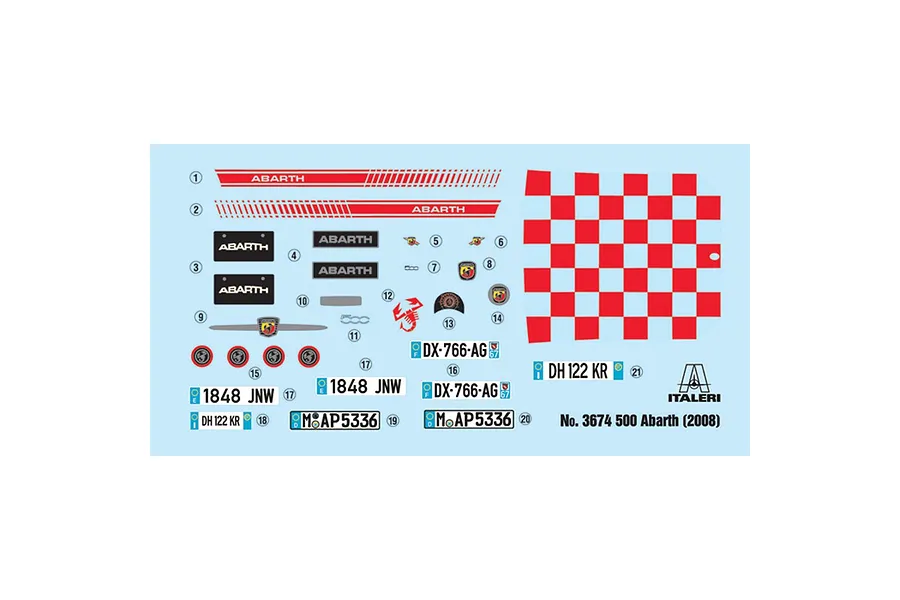 A decal sheet for an Italeri 1/24 scale Fiat 500 Abarth model kit, featuring Abarth logos, racing stripes, license plates, and a red and white checkered pattern.