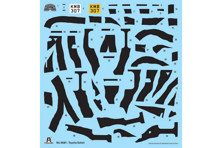 A decal sheet for the Italeri 1/24 Toyota Land Cruiser Safari model kit, featuring various black trim decals, license plates, and dashboard markings.