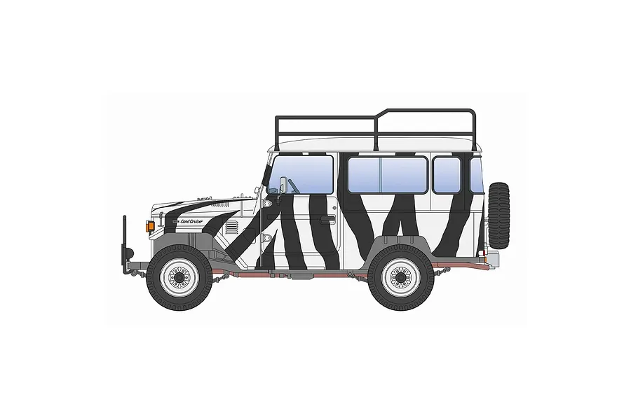 A side-profile illustration of a Toyota Land Cruiser with a zebra-stripe paint scheme, roof rack, and spare tire mounted on the rear.