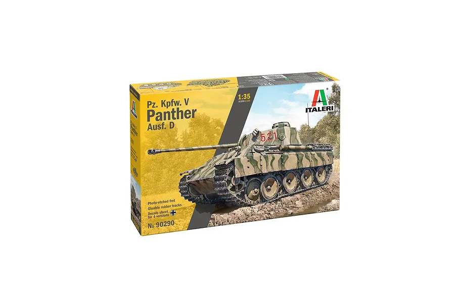 Italeri 1/35 scale Pz. Kpfw. V Panther Ausf. D plastic model tank kit box, featuring artwork of a camouflaged Panther tank on a battlefield.